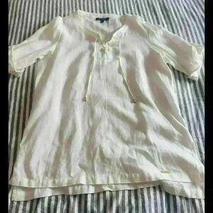 Ellen Tracy Tops Women L Linen White Lace Up Classic top